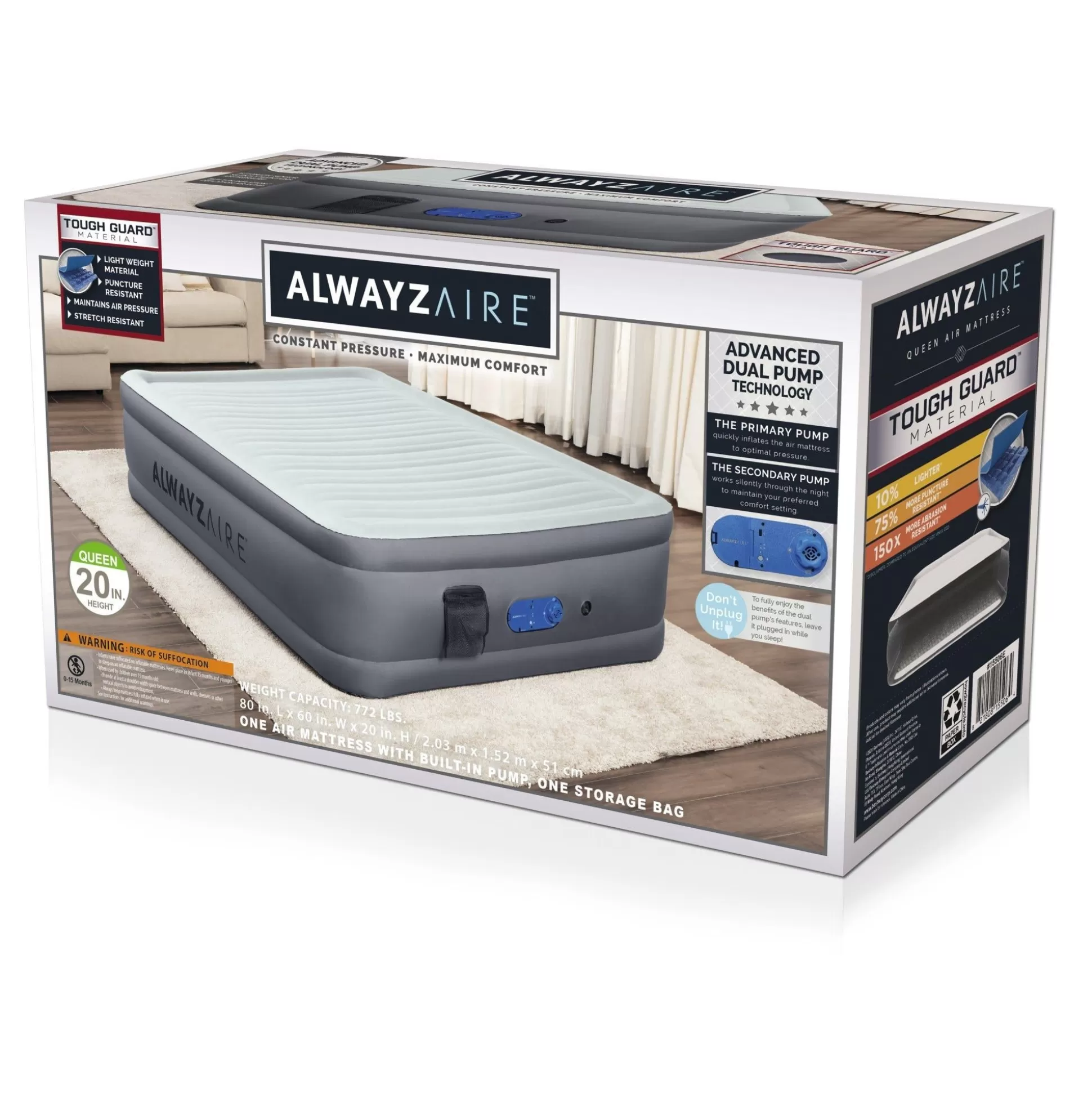 Bestway Alwayzaire Tough Guard Air Mattress Queen 20 With Built-In Dual Pump And Antimicrobial Coating Outlet
