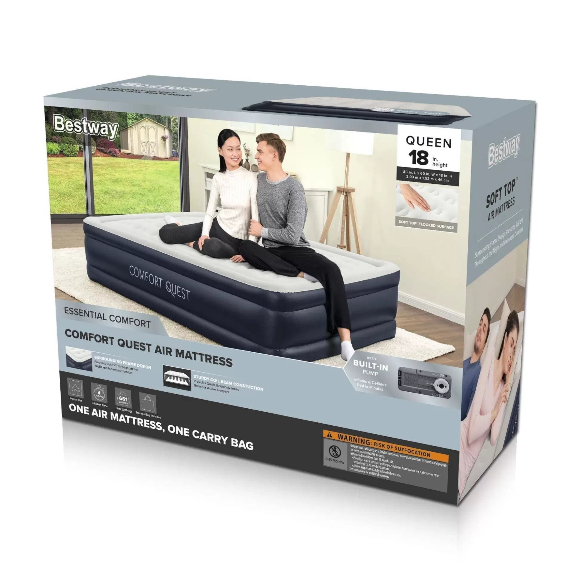 Bestway Essential Comfort Air Mattress Queen 18" With Built-In Ac Pump And Antimicrobial Coating Best