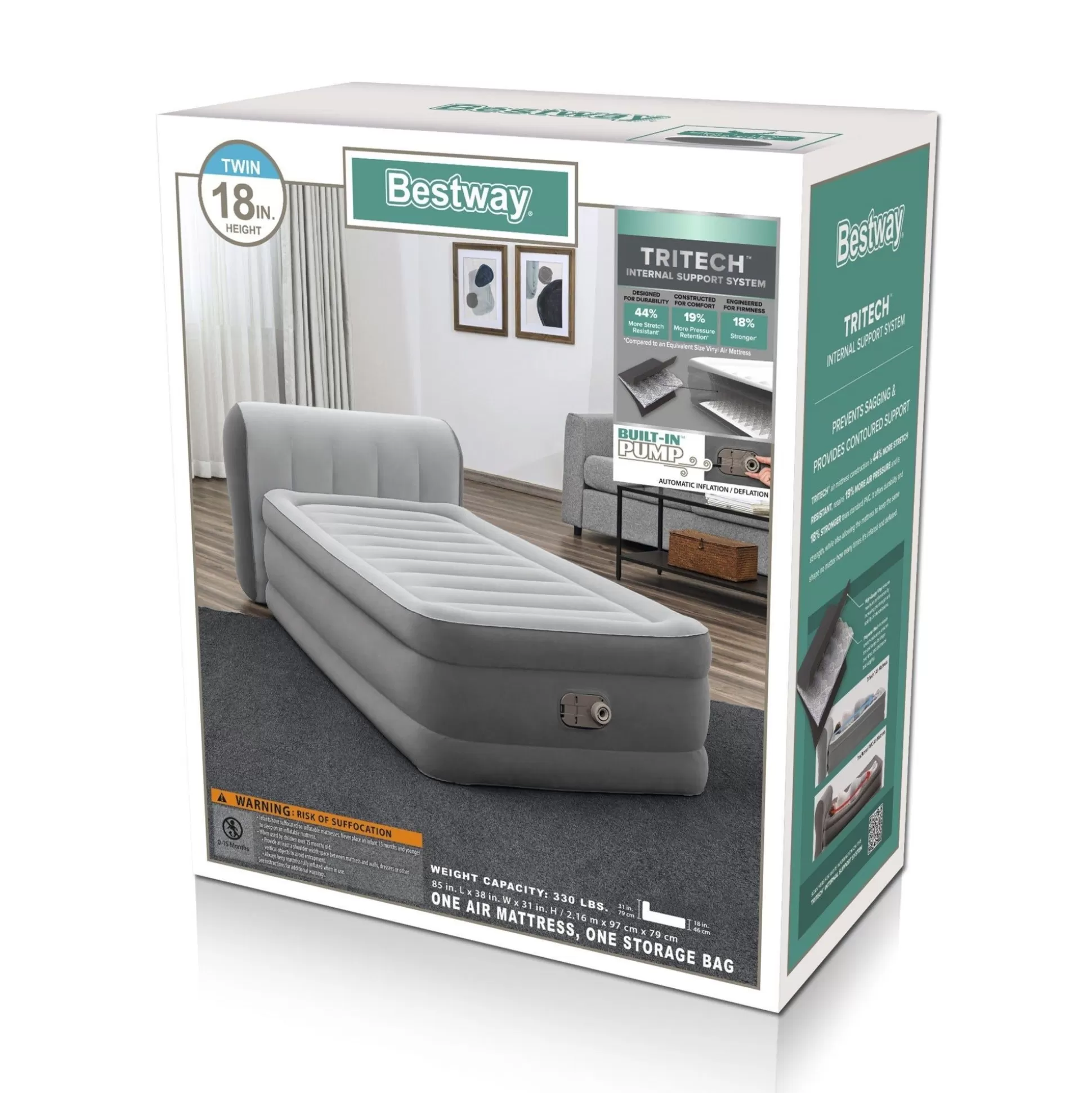 Bestway Tritech Air Mattress Twin 18" With Headboard, Built-In Ac Pump And Antimicrobial Coating Clearance