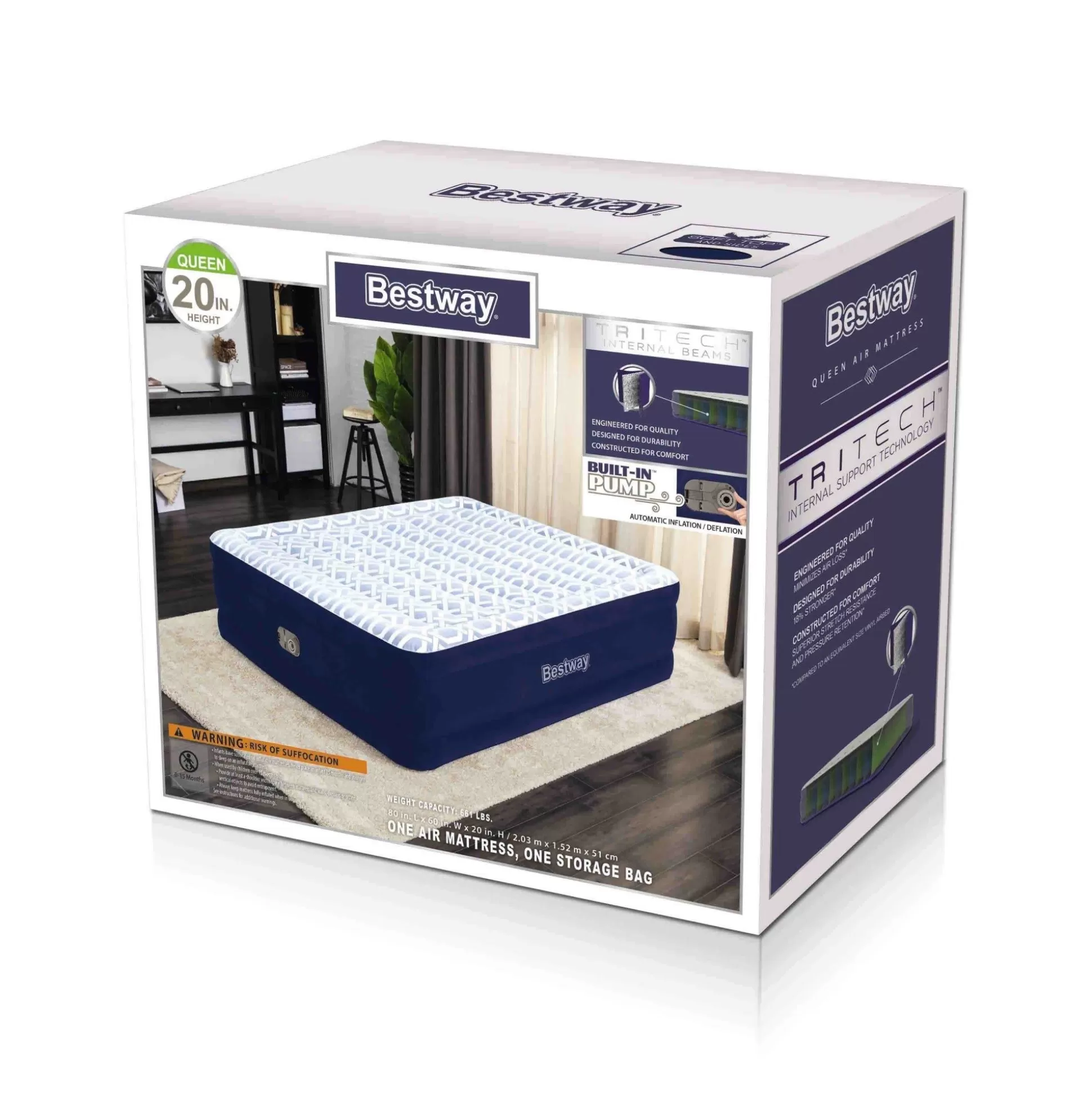 Bestway Tritech Fashion Flock Air Mattress Queen 20" With Built-In Ac Pump And Antimicrobial Coating Shop