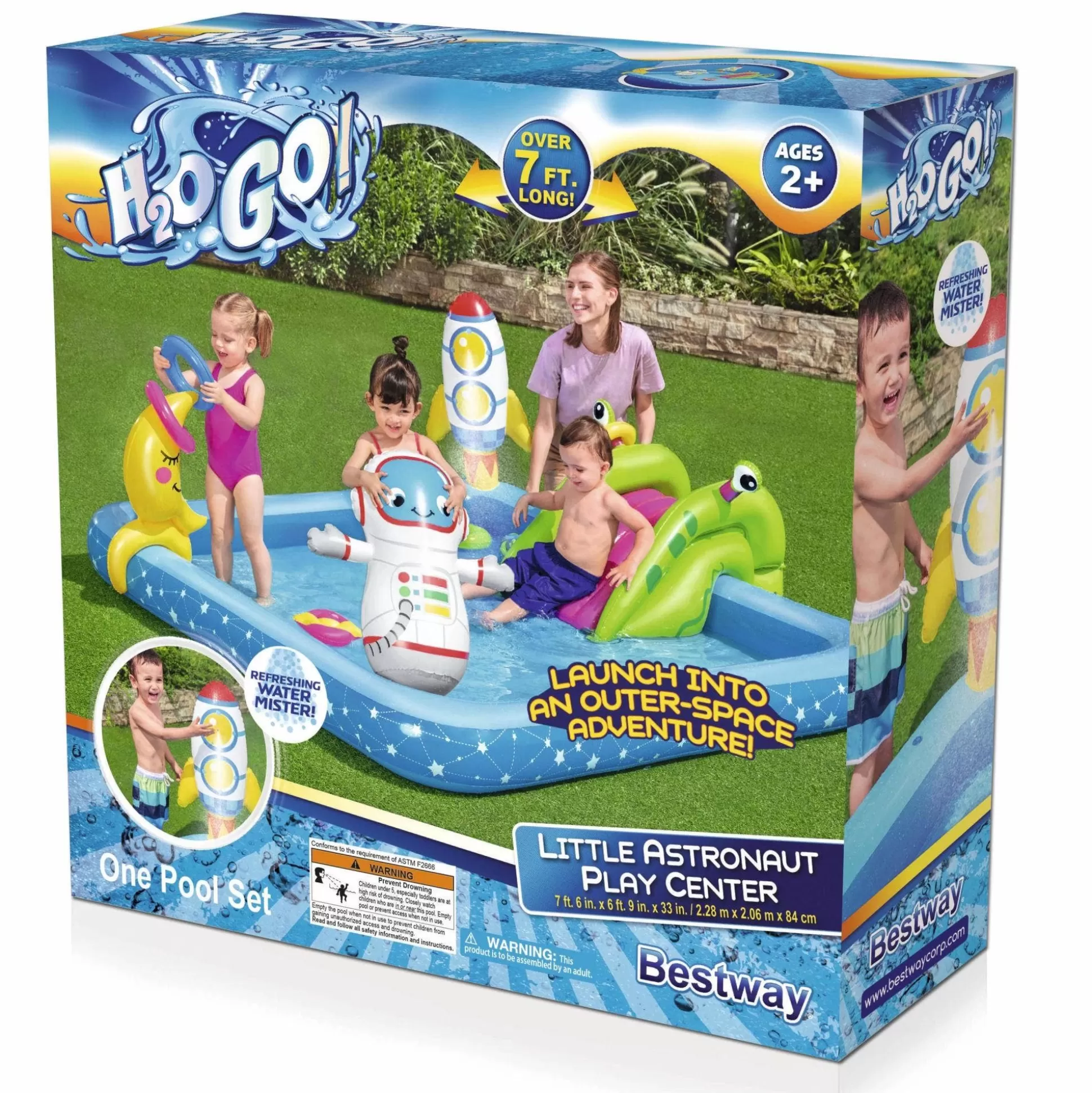 Bestway H2Ogo! Little Astronaut Square Inflatable Kiddie Pool Play Center With Slide Outlet