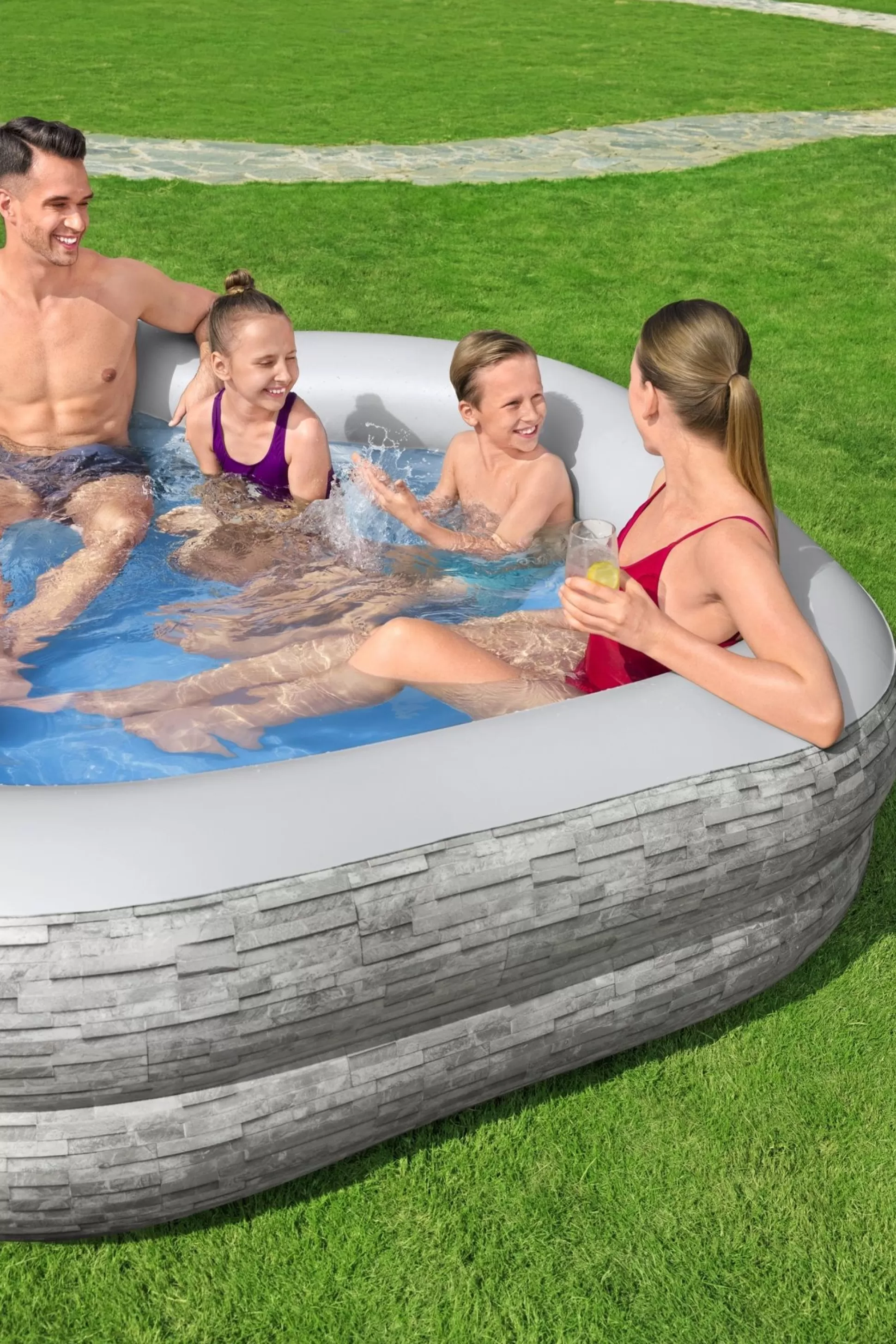 Bestway H2Ogo! Truprint Stone 7'X 6'9 X 21 Soft Sided Inflatable Family Kiddie Pool Hot
