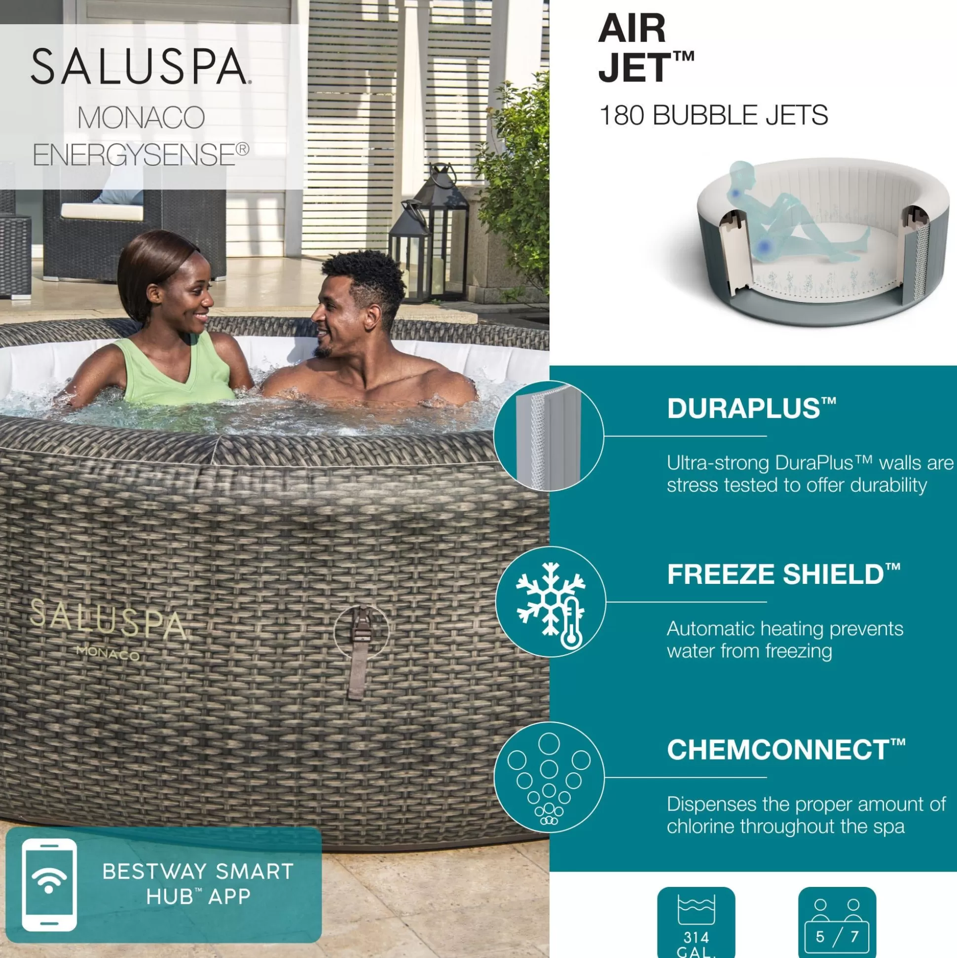 Bestway Saluspa Monaco Energysense Smart Signature Airjet Inflatable Hot Tub With App-Control 5-7 Person Discount